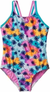 Girls Speedo Swimsuit Swim One Piece Youth Blue Pink 5 6 7 8 10 12 14 Palm Tree - Picture 1 of 5