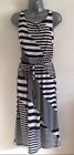 Ex Debehams Monochrome Black White Striped Asymmetric Holiday Dress Size 10 18