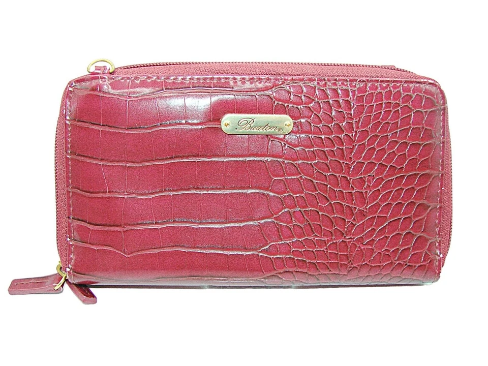 Carteira Buxton Borgonha Compartimentos com Zíper Duplo Design Croc Bolsa Slots para Cartão de Identidade - Imagem 1 de 4