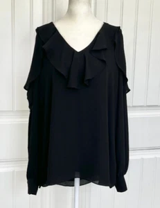 T Tahari Cold Shoulder Ruffle V-neck Long Sleeve Lined Black Tunic Blouse Sz XL - Picture 1 of 10