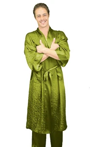 Robe Men's One Size Green 100% Silk Satin 48" Long with Pockets Kimono Sleeve - Picture 1 of 3