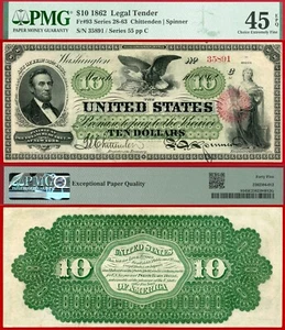 1862 $10 Legal Tender Note FR-93 PMG EF 45EPQ Rare Abe Lincoln 291 Known - Picture 1 of 3