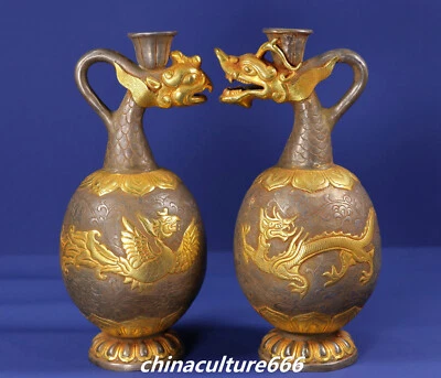 8.6" Antiguo Tíbet Plata Oro Dragón Bestia Pájaro Fénix Vino Tetera Bandera Par Foto 1 de 4