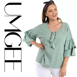 XL or PLUS 1XL UMGEE DUSTY MINT Grommet lace/tie up Blouse/Top/Shirt BHCS - Picture 1 of 10