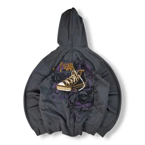 Felpa con cappuccio zip grigia double face stampa grafica Y2K No Fear anni 2000 taglia XXL - Foto 1 di 10