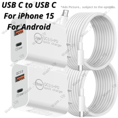 Para iPhone 15 Pro Android QC PD 20W Cargador Rápido Adaptador USB Tipo C Cable 3/6 Pies Foto 1 de 4