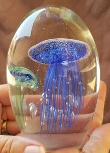 Jellyfish Art Glass Paperweight 5" Double Jellyfish- Blue - Green Sculpture - Picture 1 of 11