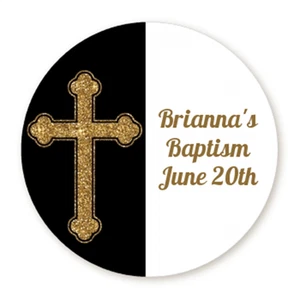 Gold Glitter Black Cross -  Round Personalized Baptism Christening Sticker  - Picture 1 of 2