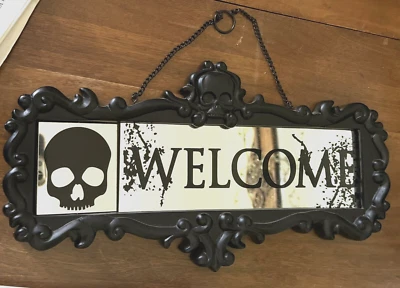 Espejo calavera Halloween no bienvenido marco negro cadena colgante suspiro gótico decoración abucheo Foto 1 de 4