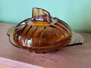 Vintage art deco Czechoslovakia cheese butter dish amber glass bowl and lid - Picture 1 of 24