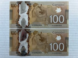 (2) CONSECUTIVE REPEATER SERIAL 2011 CANADA $100 DOLLARS  : HJE 2862862/2862861 - Picture 1 of 3