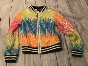 Nickelodeon Jojo’s Closet Neon Rainbow Sequin Bomber Jacket Size Small 6/6x - Picture 1 of 6