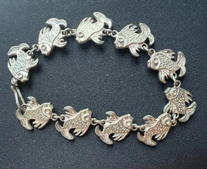 Vintage Sterlingsilber Stücke Fisch verbunden Armband Bettelglied 7,25" signiert C7 - Bild 1 von 14