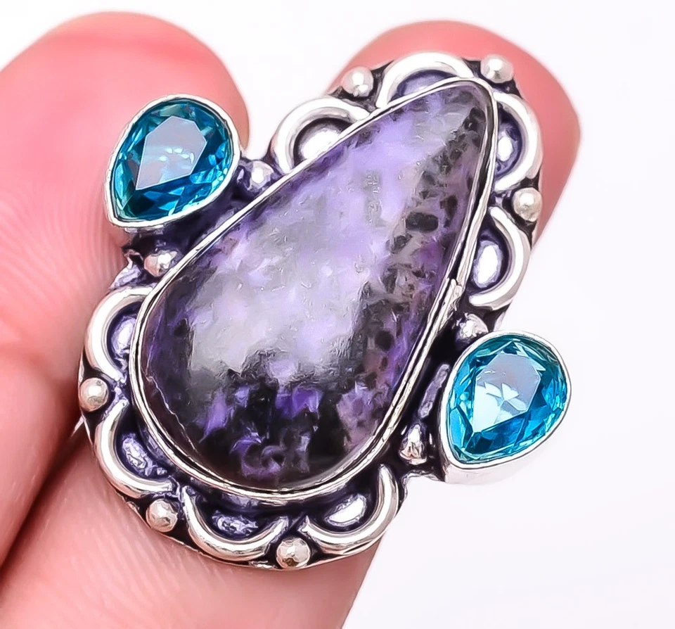 Anillo Joyería Charoite Natural Ruso, Topacio Azul Chapado en Plata s.6.5 M13 Foto 1 de 4