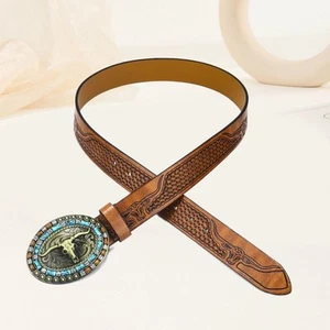 PU Leather Mens Western Cowboy Belt Bull Pattern Waistband Waist Belt  Mens - Picture 1 of 22