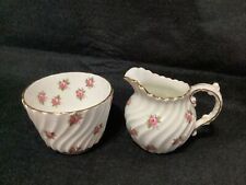 Aynsley England Bone China 1940’s Pink Rosebud Swirled Sugar Bowl & Creamer Set