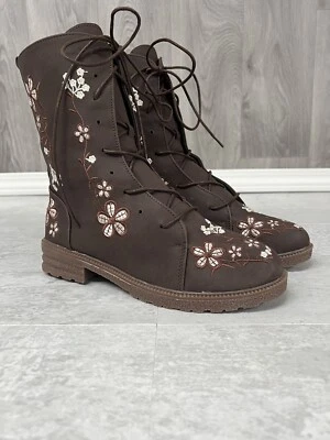 Ladies Fashion Combat Lace Up & Zip Boots Womens 8.5 Brown Floral Embroidery - Image 1 of 4