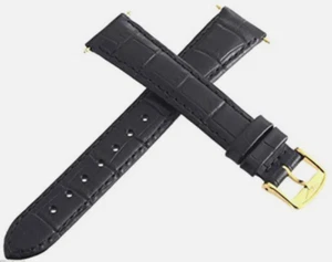 Longines 17mm Black Leather Gold Buckle  Watch Band Strap - Picture 1 of 2