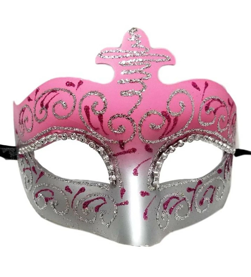 Pink Silver Sparkle Scroll Venetian Masquerade Mardi Gras Mask Prom - Image 1 of 2