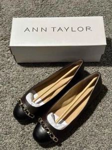 NIB Ann Taylor Madison Chain Leather Baller Flat Two Tone Black Brown Woman 9 - Picture 1 of 8