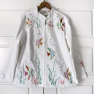 Quacker Factory Embroidered Jacket 1X White Beach Fish Sequins Sea Life Tropical - Picture 1 of 15