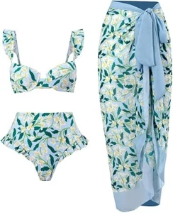 Women's Two Piece Swimsuit with Beach Cover up Wrap Skirt Floral Bikini Set szXL - Picture 1 of 3