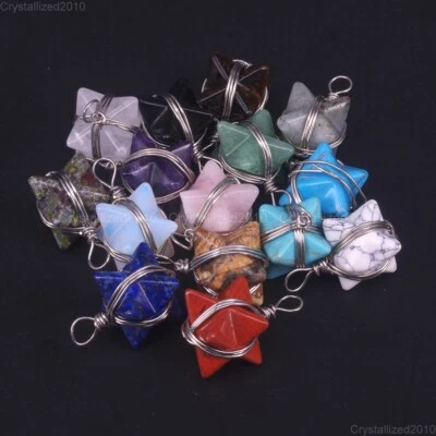 Natural Gemstone Merkaba Reiki Chakra Healing Pendant Necklaces Beads Wire Wrap - Image 1 of 4