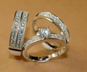 3Ct Round Cut Lab-Created Diamond His & Her Trio Ring Set 14K White Gold Plated
