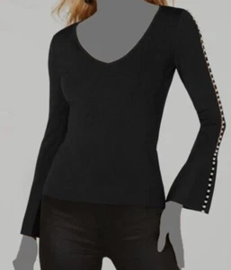 INC International Concepts Women's Black Pearl V-Neck Bell Sleeve Sweater Size M - Picture 1 of 3