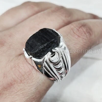 RAW BLACK TOURMALINE GEMSTONE 925 STERLING SILVER OTTOMAN ARABIC HEAVY MANS RING - Image 1 of 4