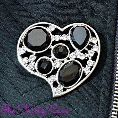 Deco Vintage Style Silver Artisan Stylized Crystal, Black Glass Heart Brooch Pin — 第 1/4 张图片