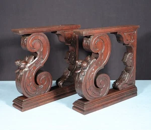 14" Tall French Antique Solid Oak Wood Pedestals Highly Carved Salvage - Picture 1 of 15