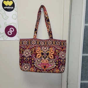 Vera Bradley Tote Bag Womens Large Purple Orange Floral Quilted Shoulder Purse - Picture 1 of 9