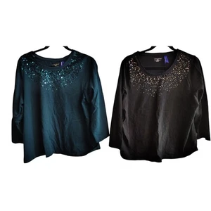 Catherine's Black and Teal Sequin Sparkle Long sleeve Tees 14/16 Petite set - Picture 1 of 6
