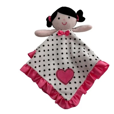 Okie Dokie Polka Dot Doll Security Blanket Pink Satin Ruffle Heart Patch Lovey c - Image 1 of 4
