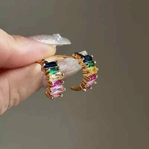 Emerald Lab Created Multi Gemstone Women's Hoop Earring 14K Yellow Gold Plated - Picture 1 of 6