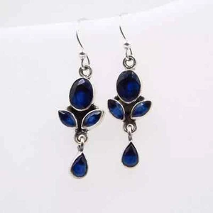 Lab-Created Blue Sapphire Cut Gemstone Earring 925 Sterling Silver earring - Picture 1 of 4