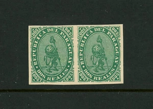 Paraguay Green Proof Pair Stamps VF No colored dot BOB 2 Reales - Picture 1 of 2