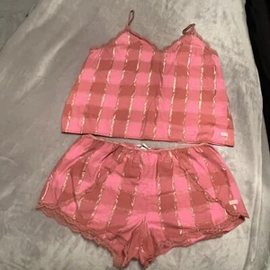 victoria's secret Pyjama Set rosa orange gold kariert Shorts Trägertop XL - Bild 1 von 8