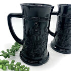 2 Vintage Pub Scene Thick Black Glass Mugs Indiana Tiara Glass Beer Stein Heavy