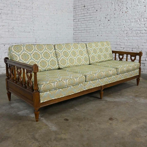 Vintage Mediterranean Spanish Revival Style Sofa Wood Details by American Martin Cover