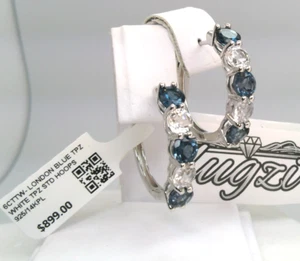 $899- NATURAL LONDON BLUE TOPAZ/WHITE TOPAZ SOLITAIRE HOOP EARRINGS SS/14KPL 925 - Picture 1 of 12