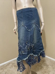 Women’s Blue Denim Cotton Casual Stretch Boho Bead Zipper Size S(4-6) Skirt 3032 - Picture 1 of 24