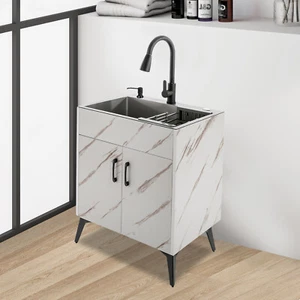 White Laundry Stainless Steel Sink with Cabinet and Pull-Out Sprayer Faucet 24" - Picture 1 of 23