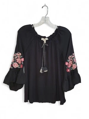 Top negro mediano vintage America para mujer manga campana bordado floral boho  Foto 1 de 4