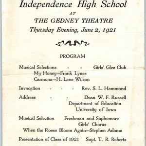 Programa de graduación de la escuela secundaria Independence, Iowa 1921 @ Gedney Theatre IA 5R - Imagen 1 de 3