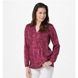 Joan Rivers 2X Pintuck Blouse Top Pink Wine Berry Camo Split V-Neck A-Line QVC - Picture 1 of 12