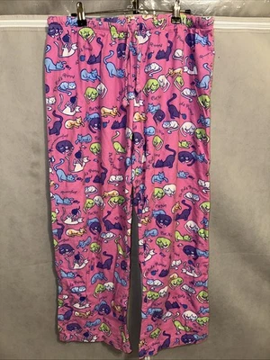 Pantalones de pijama de pijama rosa con gatos por todas partes de franela talla grande pantalones de salón Foto 1 de 4