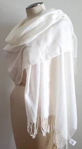 Vintage Scarf Shawl Wrap Cream Solid Woven Gauzy Fringe 26.5x66" Classic Flaws - Picture 1 of 13