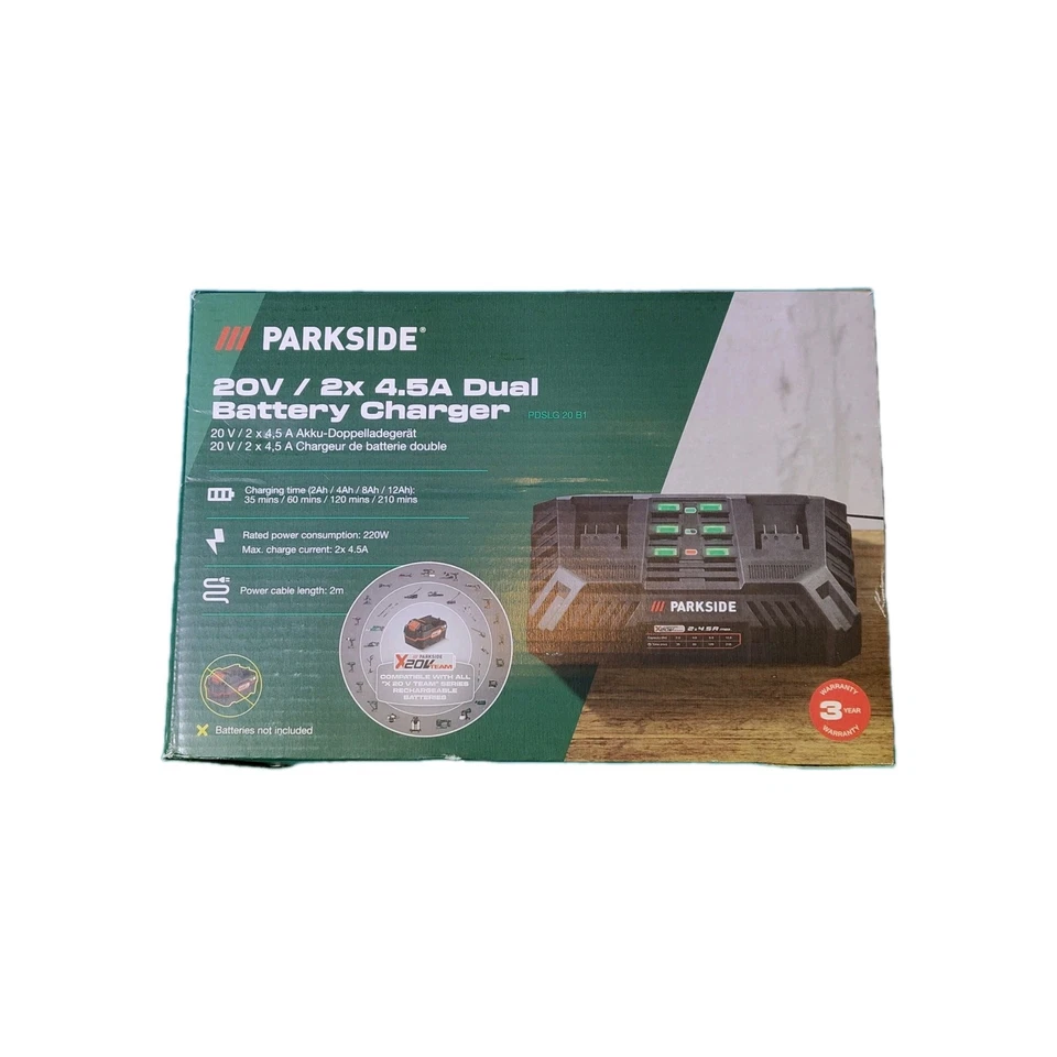 🔝Caricabatterie Doppio Parkside Rapido 4,5Ah ✅Ventilato  Internamente 🆕 2025 - Immagine 1 di 1